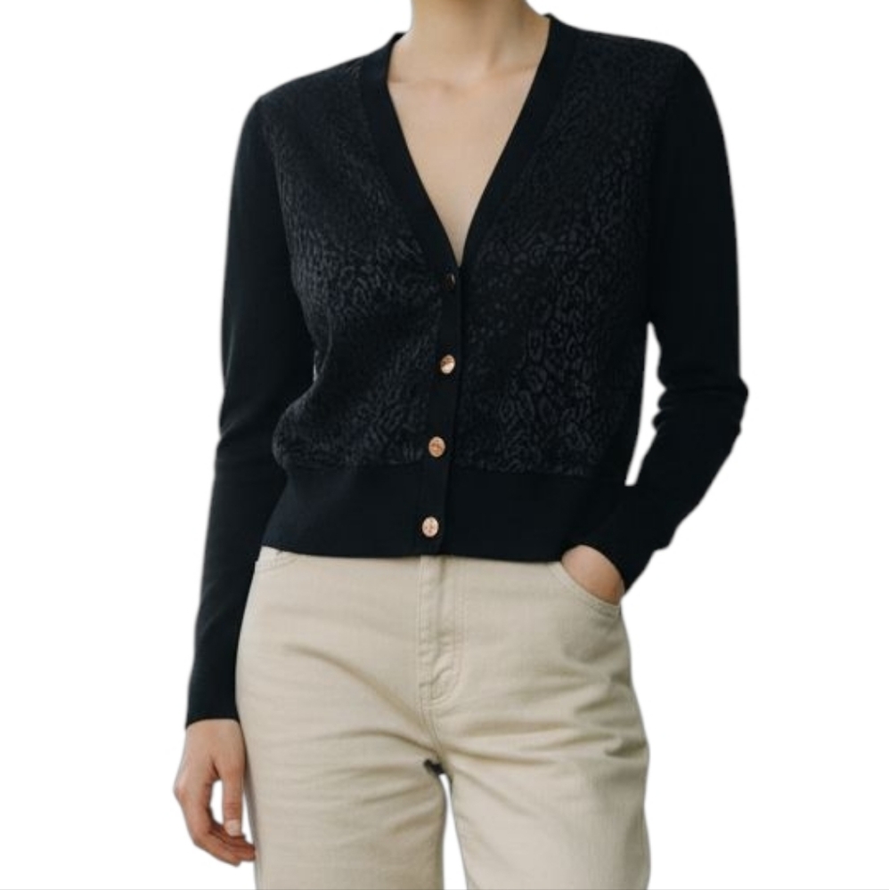 Ted Baker Boniiey Black Leopard Jaquard Cardigan Embossed Copper Buttons size 0